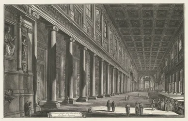 Sisustus van de Santa Maria Maggiore te Roomassa Sisäkuva S. Maria Maggioren basilikasta (otsikko esineessä) Gezichten op Rome (sarjan nimi) Näkymät Roomaan suunnitellut ja kaivertanut Giambattista Piranesi arkkitehti Ve (nez) iano (sarjan nimi)