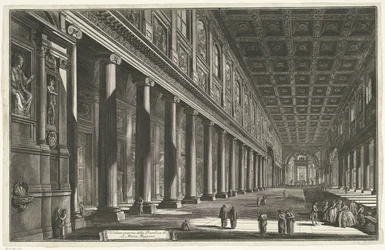 Sisustus van de Santa Maria Maggiore te Roomassa Sisäkuva S. Maria Maggioren basilikasta (otsikko esineessä) Gezichten op Rome (sarjan nimi) Näkymät Roomaan suunnitellut ja kaivertanut Giambattista Piranesi arkkitehti Ve (nez) iano (sarjan nimi)