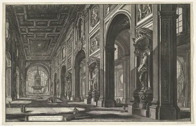 Interieur van de Sint-Jan van Lateranen te Rooma Sisäkuva S. Giovanni Lateranon basilikasta (otsikko esineessä) Gezichten op Rome (sarjan nimi) Näkymät Roomaan suunnitellut ja kaivertanut Giambattista Piranesi arkkitehti Ve (nez) iano (sarjan nimi)