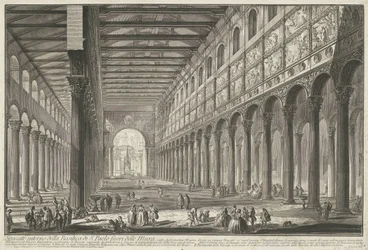 Interieur van de Sint-Paulus buiten de Muren te Rome Pyhän Paavalin basilikan sisäosa muurien ulkopuolella (...) (otsikko esineessä) Gezichten op Rome (sarjan nimi) Näkymät Roomaan piirtänyt ja kaivertanut Giambattista Piranesi arkkitehti Ve(nez)iano