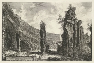 Rooman Colosseumin sisustus Näkymä Colosseumina tunnetun Flavian-amfiteatterin sisätiloihin (otsikko esineessä) Gezichten op Rome (sarjan nimi) Rooman näkymät piirtänyt ja kaivertanut Giambattista Piranesi arkkitehti Ve(nez)iano (sarjan nimi)