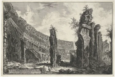 Rooman Colosseumin sisustus Näkymä Colosseumina tunnetun Flavian-amfiteatterin sisätiloihin (otsikko esineessä) Gezichten op Rome (sarjan nimi) Näkymät Roomaan suunnitellut ja kaivertanut Giambattista Piranesi arkkitehti Ve (nez) iano (sarjan nimi)