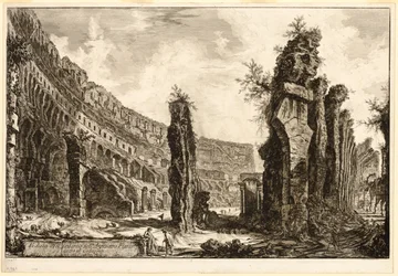 Sisäkuva Flavian amfiteatterista, nimeltään Colosseum, Rooman näkymistä