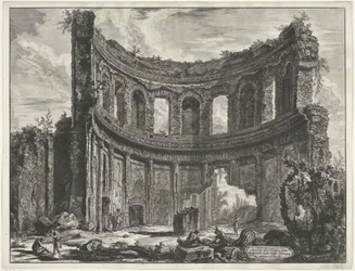 Kleine paleis Villa Adriana t:ssä ja Tivolissa Appollo-nimisen temppelin jäänteet Hadrianuksen huvilassa lähellä Tivolia (otsikko esineessä) Gezichten op Rome (sarjan nimi) Näkymät Roomaan suunnitellut ja kaivertanut Giambattista Piranesi arkkitehti Ve (ne