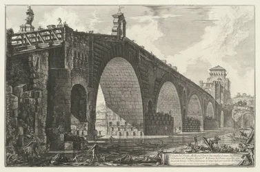 Milvische brug te Rooma Näkymä Ponte Mollelle Tiberin yli kahden mailin päässä Roomasta (otsikko esineessä) Gezichten op Rome (sarjan nimi) Näkymät Roomaan suunnitellut ja kaivertanut Giambattista Piranesi arkkitehti Ve (nez) iano (sarjan nimi)