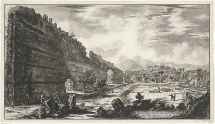 Pecile Villa Adriana t:ssä ja Tivolissa Näkymä Castro Pretorion jäännöksistä Villa Adrianassa Tivolissa (otsikko esineessä) Gezichten op Rome (sarjan nimi) Näkymät Roomaan suunnitellut ja kaivertanut Giambattista Piranesi arkkitehti Ve (nez) iano (sarjan n