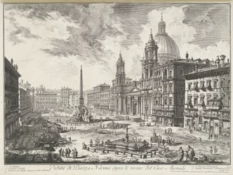 Piazza Navona te Roomassa Näkymä Piazza Navonalle Agonal Circuksen raunioiden yli (otsikko esineessä) Gezichten op Rome (sarjan nimi) Näkymät Roomaan suunnitellut ja kaivertanut Giambattista Piranesi arkkitehti Ve (nez) iano (sarjan nimi)