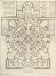 Suunnitelma tilavasta ja upeasta korkeakoulusta, joka on suunniteltu Kreikan muinaisen gymnasian mukaan, 1750.