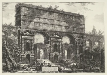 Porta Maggiore te Rooma Näkymä keisari Titus Vespasianuksen (...) pystyttämälle monumentille (nimi esineessä) Gezichten op Rome (sarjan nimi) Näkymät Roomaan suunnitellut ja kaivertanut Giambattista Piranesi arkkitehti Ve (nez) iano (sarjan nimi)