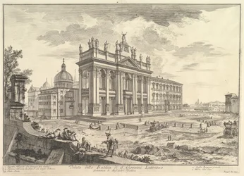 S. Giovanni Lateranossa, pääjulkisivu, palatsi ja Scala Santa oikealla Veduta..., n. 1749.
