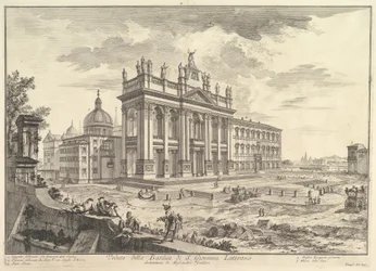 San Giovanni in Laterano, pääjulkisivu sekä palatsi ja Scala Santa oikealla, teoksesta "Vedute di Roma"