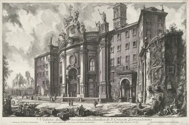Santa Croce Gerusalemme te Roomassa Näkymä Gerusalemmessa sijaitsevan S. Crocen basilikan julkisivulle (otsikko esineessä) Gezichten op Rome (sarjan nimi) Näkymät Roomaan suunnitellut ja kaivertanut Giambattista Piranesi arkkitehti Ve (nez) iano (sarjan ni
