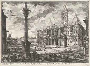 Santa Maria Maggiore Roomassa Näkymä Santa Maria Maggioren basilikasta ja mainitun basilikan kaksi sivutehdasta (otsikko esineessä) Gezichten op Rome (sarjan nimi) Näkymät Roomaan suunnitellut ja kaivertanut Giambattista Piranesi arkkitehti Ve (nez) ia