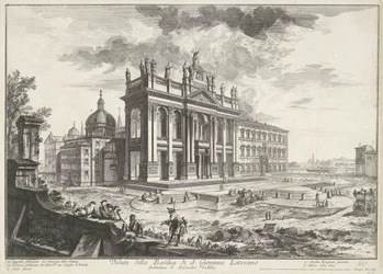 Sint-Jan van Lateranen Roomassa Näkymä S. Giovanni Lateranon basilikasta (otsikko esineessä) Gezichten op Rome (sarjan nimi) Näkymät Roomaan suunnitellut ja kaivertanut Giambattista Piranesi arkkitehti Ve (nez) iano (sarjan nimi)