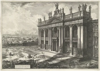 Sint-Jan van Lateranen Roomassa Näkymä Lateranin Pyhän Johanneksen basilikan julkisivulle (...) (otsikko esineessä) Gezichten op Rome (sarjan nimi) Näkymät Roomaan suunnitellut ja kaivertanut Giambattista Piranesi arkkitehti Ve (nez) iano (sarjan nimi)