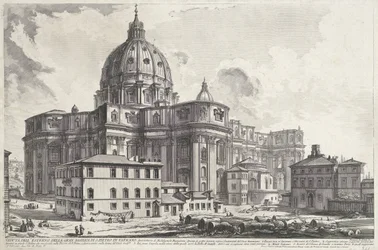 Sint-Pietersbasiliek vanaf Sakristian aukio Näkymä Vatikaanin suuren Pietarinkirkon ulkopuolelta (otsikko esineessä) Gezichten op Rome (sarjan nimi) Näkymät Roomaan suunnitellut ja kaivertanut Giambattista Piranesi arkkitehti Ve (nez) iano (ser)