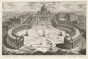 Sint-Pietersplein ja Sint-Pietersbasiliek te Vaticaanstad Näkymä kuuluisalle Vatikaanin basilikalle, jossa on suuri Portico, ja viereiselle Piazzalle (otsikko esineessä) Gezichten op Rome (sarjan nimi) Näkymät Roomaan Giambattista Piranesin kaaren suunnitt