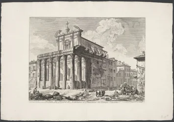 Tempel van Antoninus ja Faustina te Rome Näkymä Antoninuksen ja Faustinan temppelistä Campo Vaccinossa (otsikko esineessä) Gezichten op Rome (sarjan nimi) Näkymät Roomaan suunnitellut ja kaivertanut Giambattista Piranesi arkkitehti Ve (nez) iano (sarjan ni