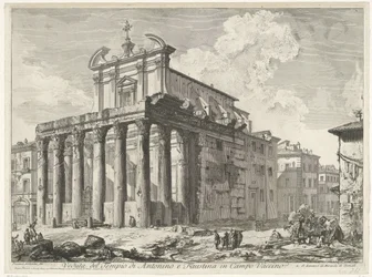 Tempel van Antoninus ja Faustina te Rome Näkymä Antoninuksen ja Faustinan temppelistä Campo Vaccinossa (otsikko esineessä) Gezichten op Rome (sarjan nimi) Näkymät Roomaan suunnitellut ja kaivertanut Giambattista Piranesi arkkitehti Ve (nez) iano (sarjan ni