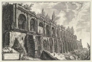 Tempel van Hercules Victor t ja Tivoli Tivolissa sijaitsevan Villa di Mecenaten jäänteet, rakennettu epävarman työn travertineistä (nimi esineessä) Gezichten op Rome (sarjan nimi) Näkymät Roomaan suunnitellut ja kaivertanut Giambattista Piranesi arkkitehti