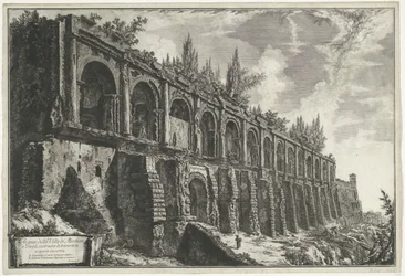 Tempel van Hercules Victor t ja Tivoli Tivolissa sijaitsevan Villa di Mecenaten jäänteet, jotka on rakennettu epävarman työn travertineistä (otsikko esineessä) Gezichten op Rome (sarjan nimi) Näkymät Roomaan suunnitellut ja kaivertanut Giambattista Piranes