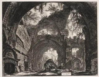 Thermen de Villa Adriana t ja Tivoli Patsasgallerian rauniot Hadrianuksen huvilassa Tivolissa (nimi esineessä) Gezichten op Rome (sarjan nimi) Näkymät Roomaan suunnitellut ja kaivertanut Giambattista Piranesi arkkitehti Ve (nez) iano (sarjan nimi)