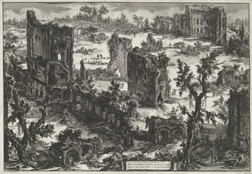 Thermen van Trajanus te Rooma Näkymä Tiaisten kylpylöistä (...) (otsikko esineessä) Gezichten op Rome (sarjan nimi) Näkymät Roomaan suunnitellut ja kaivertanut Giambattista Piranesi arkkitehti Ve (nez) iano (sarjan nimi)