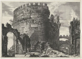 Tombe van Caecilia Metella Roomassa Cecilia Metellin hauta (...) (otsikko esineessä) Gezichten op Rome (sarjan nimi) Rooman näkymät piirtänyt ja kaivertanut Giambattista Piranesi arkkitehti Ve(nez)iano (sarjan nimi)