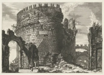 Tombe van Caecilia Metella Roomassa Cecilia Metellan hauta (...) (otsikko esineessä) Gezichten op Rome (sarjan nimi) Näkymät Roomaan suunnitellut ja kaivertanut Giambattista Piranesi arkkitehti Ve (nez) iano (sarjan nimi)