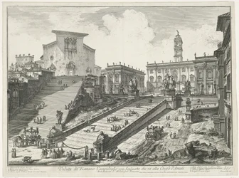 Trappen naar Piazza del Campidoglio en de Santa Mariassa Aracoeli te Roomassa Näkymä roomalaiselle Campidogliolle ja Aracelin kirkkoon johtavat portaat (otsikko esineessä) Gezichten op Rome (sarjan nimi) Näkymät Roomaan suunnitellut ja kaivertanut Giambatt