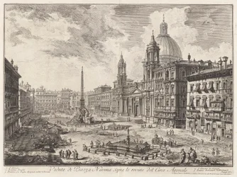 Näkymä Piazza Navona -aukiolle Domitianuksen sirkuksen raunioiden yläpuolella, Vedute di Romasta (näkymät Roomaan)