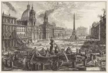 Näkymä Piazza Navonalle Circus Agonaliksen (Domitianuksen sirkuksen) raunioiden yllä, sarjasta "Näkymiä Roomasta"
