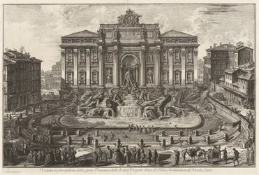 Perspektiivinäkymä suurelle Acqua Verginen suihkulähteelle, jota kutsutaan Trevin suihkulähteeksi, arkkitehtuuri Nicola Salvin, teoksesta Vedute di Roma