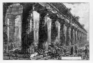 Näkymä Paestumin temppeleille (litho)