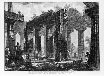 Näkymä Paestumin temppeleille (litho)