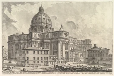 Näkymä Vatikaanin Pietarinkirkon ulkopuolelta Vedute di Roma Romalta..., n. 1748.