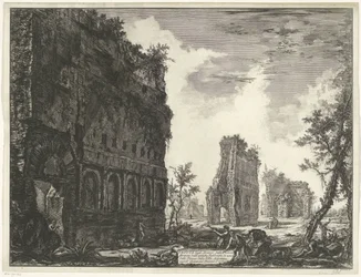 Villa Adriana t ja Tivoli Näkymä Villa Adrianan yhden aukion muinaisten tehtaiden kehän jäännöksistä (otsikko esineessä) Gezichten op Rome (sarjan nimi) Näkymät Roomaan suunnitellut ja kaivertanut Giambattista Piranesi arkkitehti Ve (