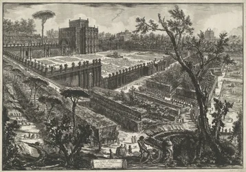 Villa Doria Pamphili Roomassa Villa Panfili Porta S. Pancrazion ulkopuolella (otsikko esineessä) Gezichten op Rome (sarjan nimi) Näkymät Roomaan suunnitellut ja kaivertanut Giambattista Piranesi arkkitehti Ve (nez) iano (sarjan nimi)