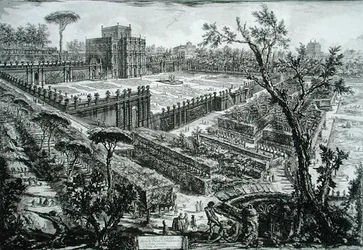 Villa Pamphili, teoksesta "Opere Varie di Architettura, Prospettive, Grotteschi, Antichita", julkaistu 1743 (kaiverrus)