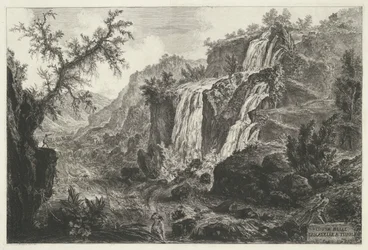 Watervallen te Tivolissa Näkymä Cascatellesta Tivolissa (otsikko esineessä) Gezichten op Rome (sarjan nimi) Näkymät Roomaan suunnitellut ja kaivertanut Giambattista Piranesi arkkitehti Ve (nez) iano (sarjan nimi)