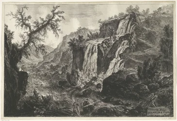 Watervallen te Tivolissa Näkymä Tivolin vesiputouksille (otsikko esineessä) Gezichten op Rome (sarjan nimi) Rooman näkymät piirtänyt ja kaivertanut Giambattista Piranesi arkkitehti Ve(nez)iano (sarjan nimi)