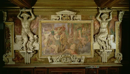 Hunting out Ignorance, yksityiskohta Fransiskus I:n gallerian koristelujärjestelmästä, 1530-40 fresko ja stukki.