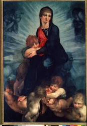 Neitsyt ja lapsi enkelien kanssa (Neitsyt ja lapsi enkelien kanssa). Fiorentino Rosson (1495-1540) maalaus. Öljy kankaalle