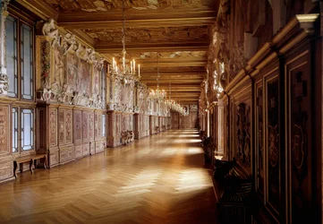 Renessanssiarkkitehtuuri: näkymä Francois I:n galleriasta Fontainebleaun linnassa, jonka on tehnyt Rosso Fiorentino (1495-1540) yhteistyössä Primaticcion (1504-1570) kanssa vuodelta 1523. Seine ja Marne