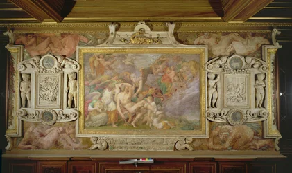 Adoniksen kuolema, yksityiskohta Fransiskus I:n gallerian koristelujärjestelmästä, 1530-40 fresko ja stukki.