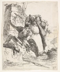 Nekromantian kohtaus: nainen, jolla on alus, turbaani mies ja sotilaan katse..., n. 1743-57.