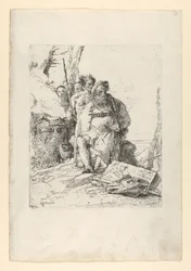 Taikuri neljän hahmon kanssa savuavan alttarin lähellä, Scherzistä, n. 1743-52.