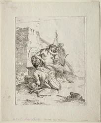 Scherzi: Satyr-perhe obeliskin kanssa.