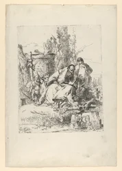 Istuva taikuri, poika ja neljä hahmoa Scherzi di Fantasiasta, n. 1743-50.