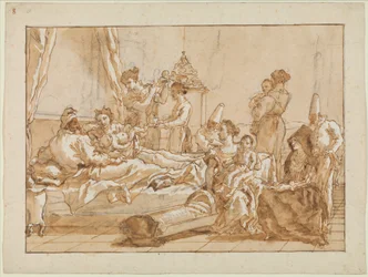 Infant Punchinello sängyssä vanhempiensa kanssa, n. 1800